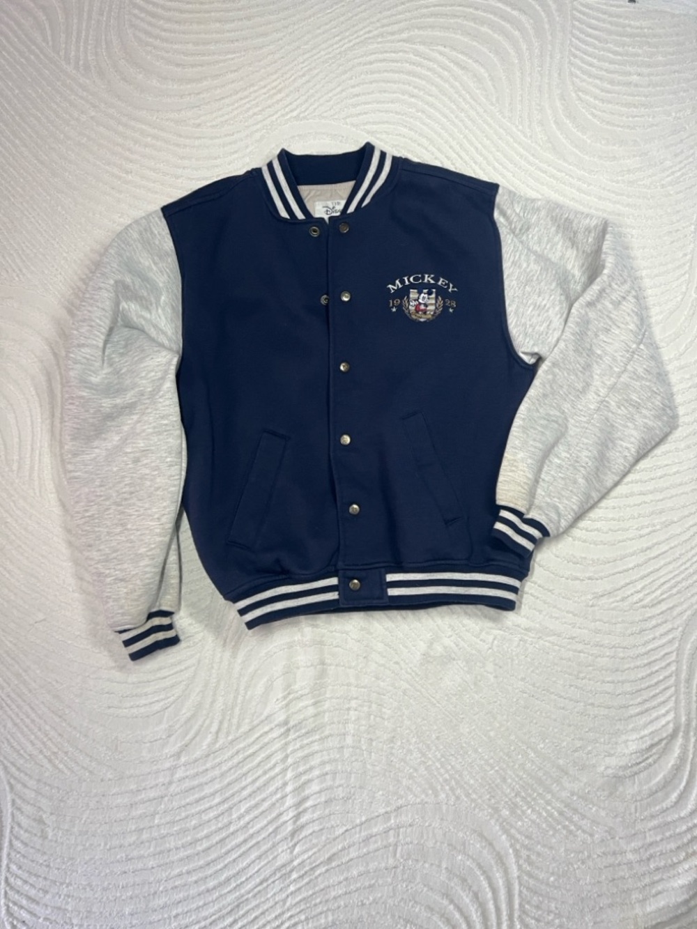 Disney Navy and Light Gray Letterman Jacket with Mickey Crest